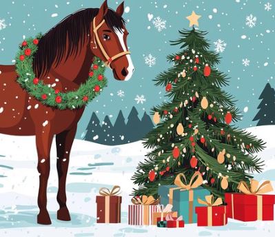  Horse in a snowy weather day with a Christmas tree and presents